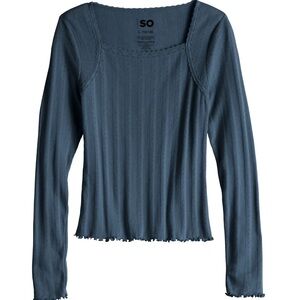 SO® Long Sleeve Lace Trim Top in Navy Velocity Blue. 16 Plus